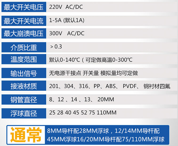 浮球式液位計(jì)技術(shù)參數(shù)對(duì)照表